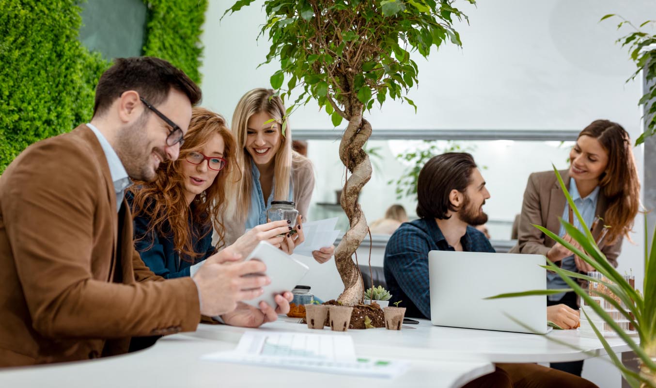 Employees discussing carbon management and carbon accounting