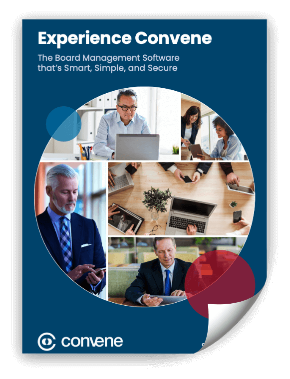 Front page of Convene's brochure about the board portal tool experience Front page of Convene's brochure about the board portal tool experience