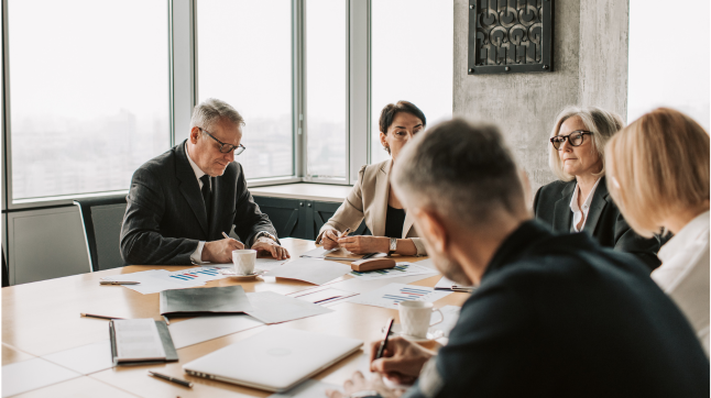 Grupo de executivos em uma reunião corporativa, com documentos e gráficos sobre a mesa. Thumbnail imagem Grupo de executivos em uma reunião corporativa, com documentos e gráficos sobre a mesa. Thumbnail imagem