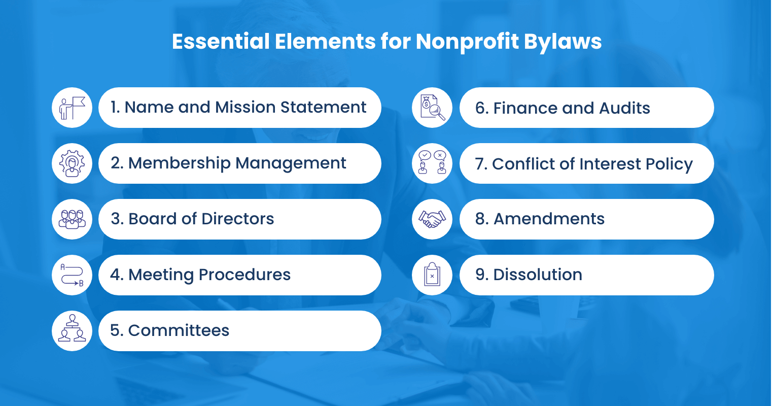 What are the essential elements to include in nonprofit bylaws?