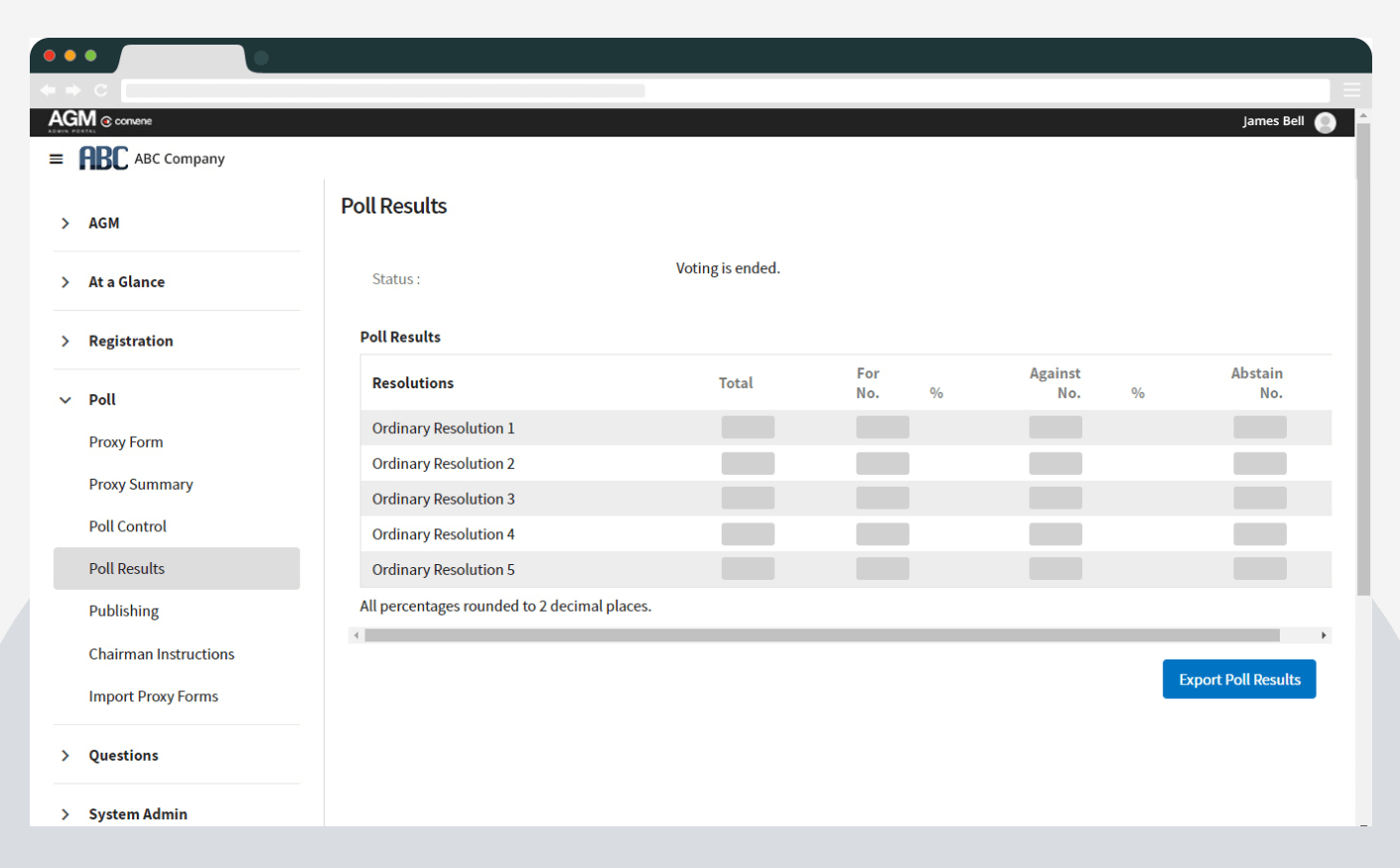 Screenshot of ConveneAGM Admin portal showing poll results